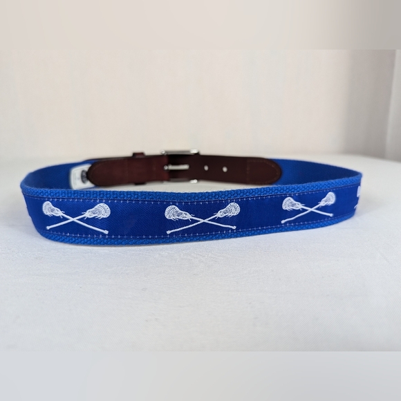 No 27 Other - Kids Lacrosse Belt Brown Leather Blue Canvas Solid Brass Sports Team Sz 28